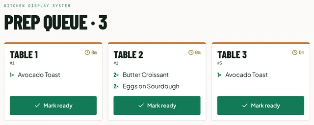 Kitchen display with tickets for Tables 1, 2 and 3 and Mark ready buttons