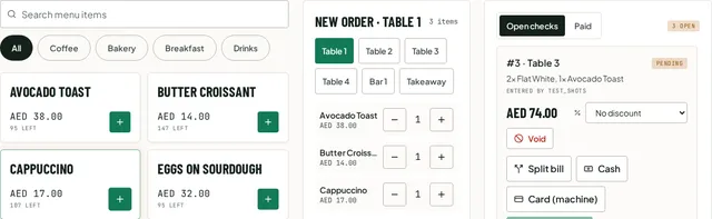 POS order screen with menu items, a new order for Table 1 and open checks